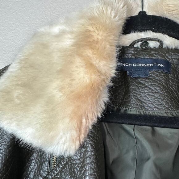 French Connection Faux Leather Fur Collar Moto Jacket Olive Green Large - Picture 7 of 11